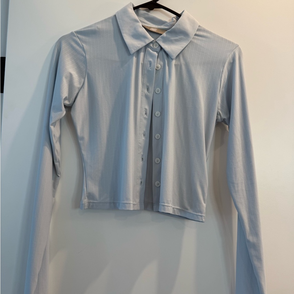 Kith Light Blue Ribbed Long-Sleeve Button-Down Cropped Shirt